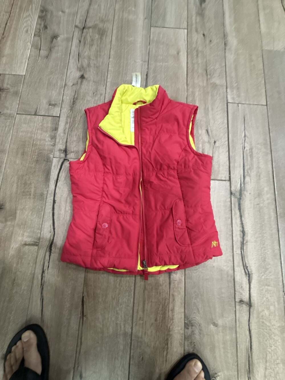 Aeropostale Puffer Vest Size L Pink Yellow Full Zip Winter